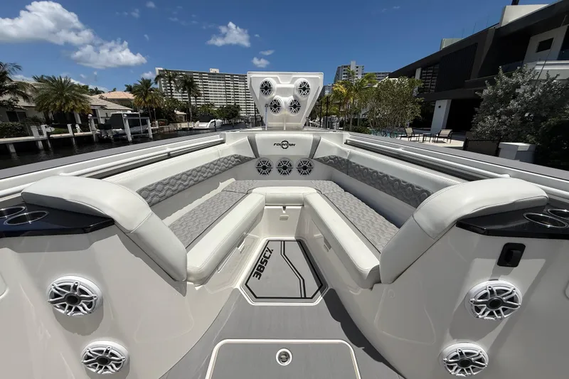 Slide: The Image of 2023 Fountain 38 SCX boat interior with luxurious seating and modern design. - 15