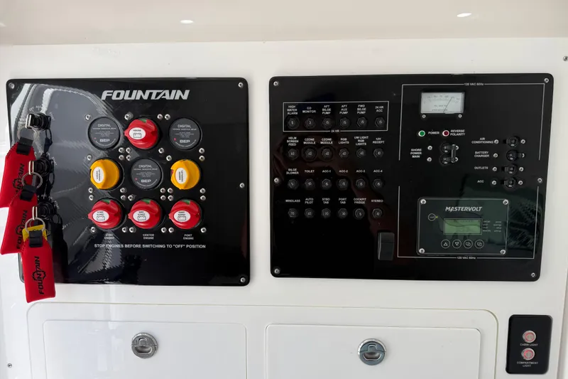 Slide: The Image of Control panel of 2023 Fountain 38 SCX boat with switches and Mastervolt display. - 20