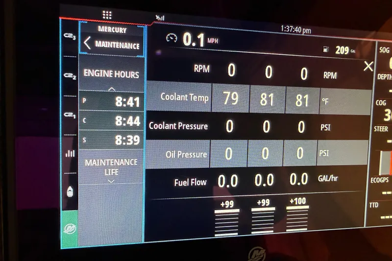 Slide: The Image of Dashboard of 2023 Fountain 38 SCX boat showing engine metrics and maintenance data. - 30