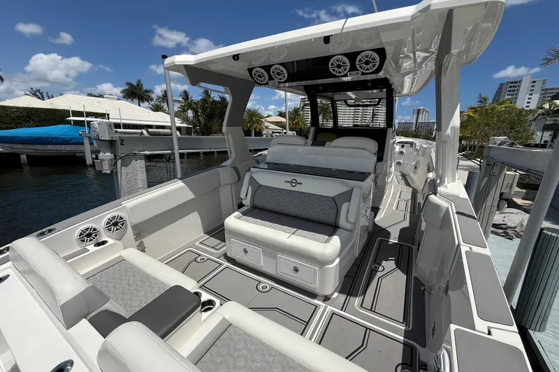 Slide: The Image of 2023 Fountain 38 SCX boat interior with luxurious seating and modern design. - 5