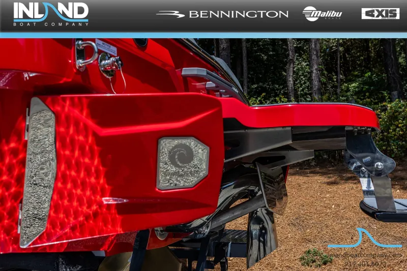 Slide: The Image of Red 2026 Malibu Wakesetter 23 LSV boat, close-up of the rear. - 12