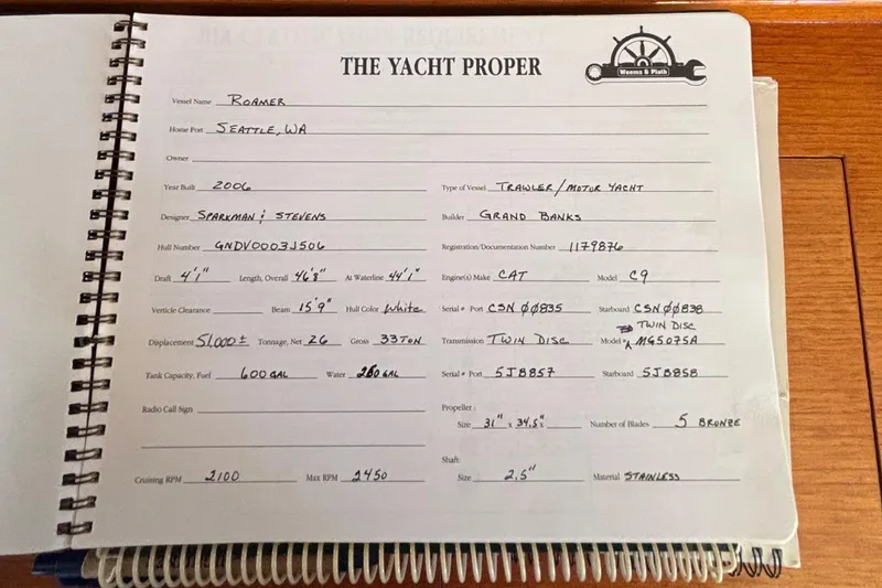 Slide: The Image of Logbook page for 2006 Grand Banks 47 Heritage EU yacht, detailing specifications and registration. - 29
