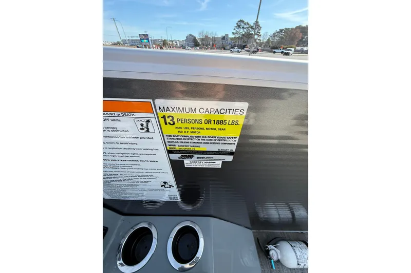 Slide: The Image of 2021 Godfrey Monaco 215 C capacity label, maximum 13 persons or 1885 lbs. - 16