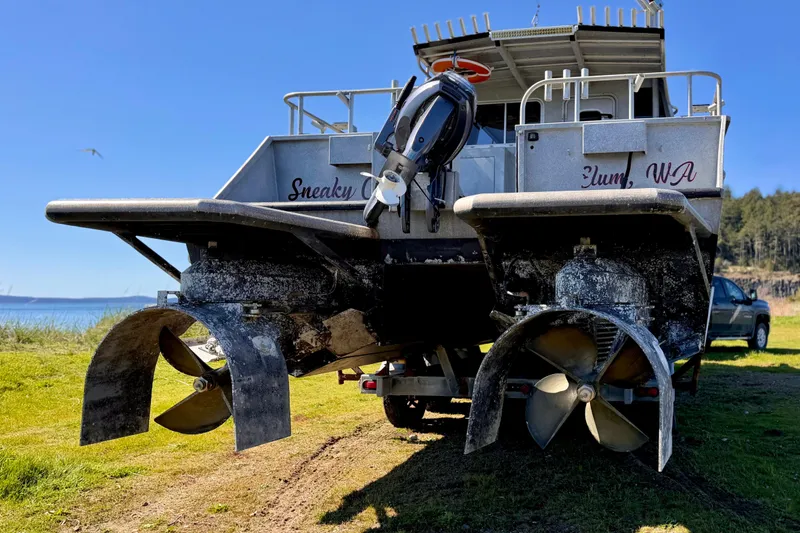 Slide: The Image of Maxweld Maxcat 2001 boat with dual propellers on grassy shore, under clear blue sky. - 3