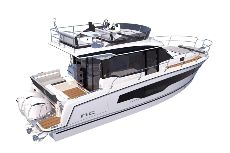 Slide: The Image of Manufacturer Provided Image: 2025 Jeanneau NC 1295 Coupe boat, sleek design with dual outboard engines and spacious deck. - 17