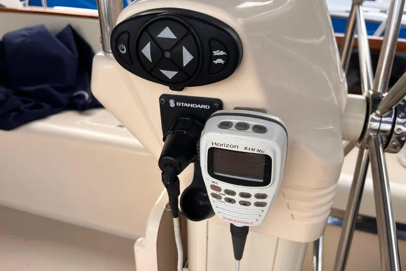 Slide: The Image of Control panel and radio on a 2000 Island Packet 350 sailboat. - 19