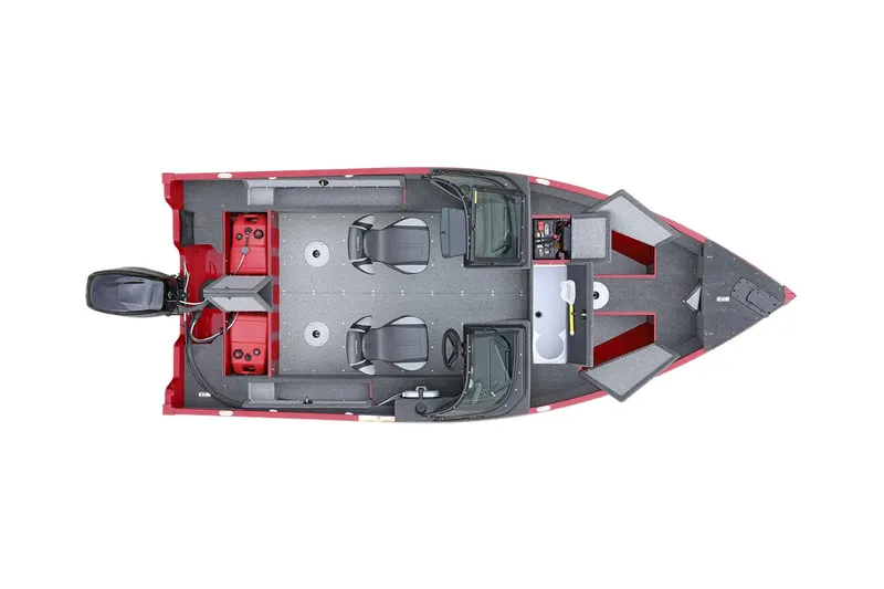 Slide: The Image of Manufacturer Provided Image: 2025 Lund 1650 Angler Sport boat, top view, red exterior, dual seats, spacious deck. - 5