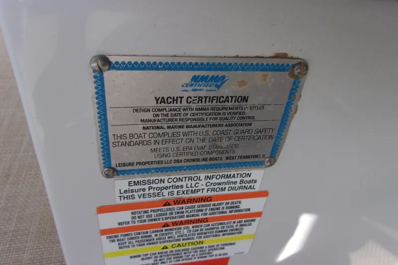Slide: The Image of 2013 Crownline Eclipse E6 yacht certification and safety compliance plaque. - 16