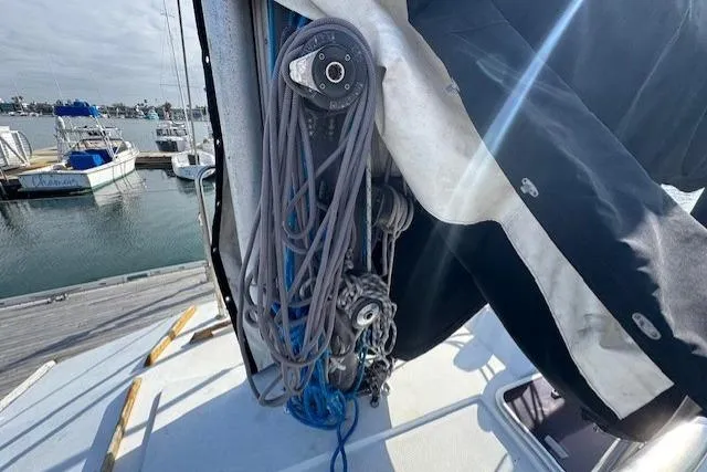 Slide: The Image of Sailboat deck with rigging details, Tayana 55, 1983 model, docked at marina. - 41