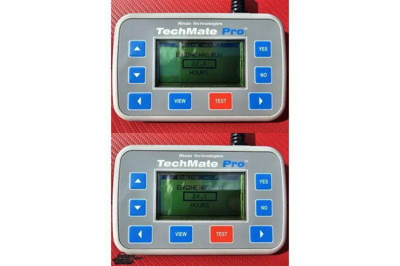 Slide: The Image of TechMate Pro engine hour meters displaying 22.8 and 24.1 hours for 1997 Formula 382 FASTech. - 111