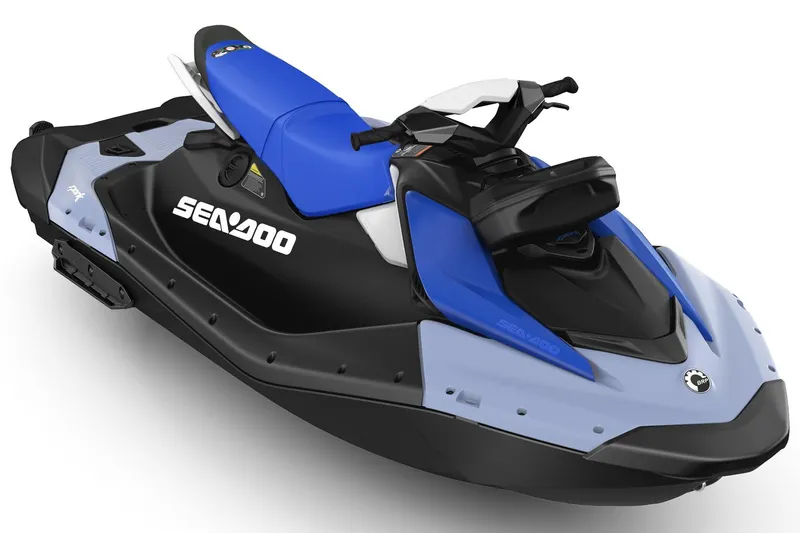Slide: The Image of 2026 Sea-Doo Spark for 3, blue and black jet ski, side view. - 2