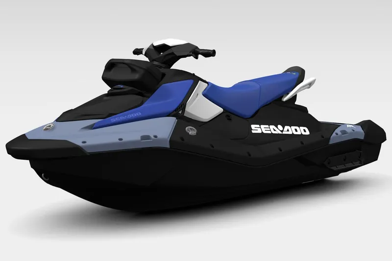 Slide: The Image of 2026 Sea-Doo Spark for 3 jet ski, blue and black design, side view. - 3