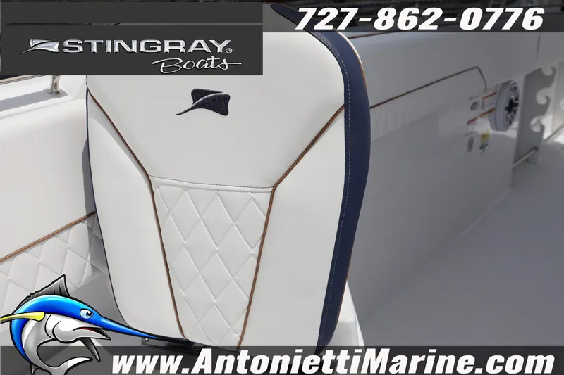 Slide: The Image of 2026 Stingray 253 CC boat seat with logo, contact info, and Antonietti Marine branding. - 26