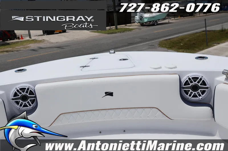 Slide: The Image of 2026 Stingray 253 CC boat interior with speakers, displayed by Antonietti Marine. - 27