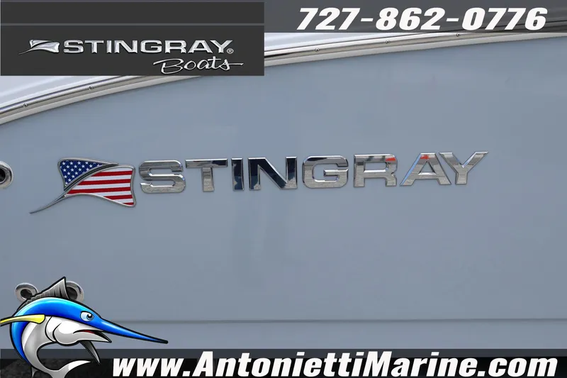 Slide: The Image of 2026 Stingray 253 CC boat logo with American flag design and contact details. - 4
