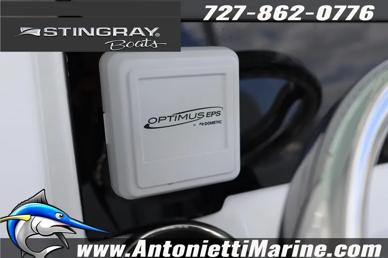 Slide: The Image of 2026 Stingray 253 CC boat featuring Optimus EPS system by Dometic, Antonietti Marine branding. - 41