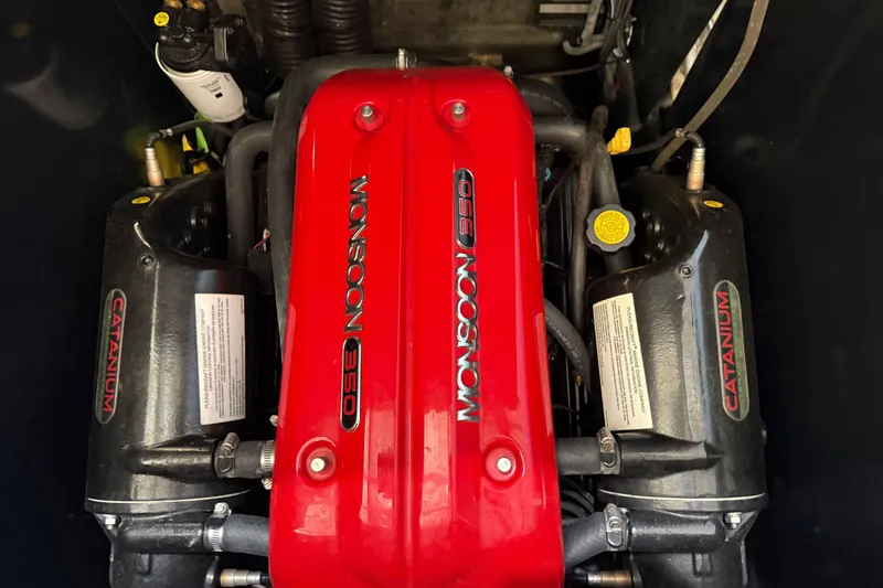 Slide: The Image of Red Monsoon 350 engine in a 2015 Axis T23 boat, featuring Catanium components. - 21