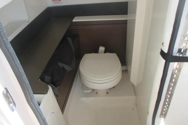 Slide: The Image of 2019 Sea Ray 290 SLX boat interior with compact marine toilet. - 13