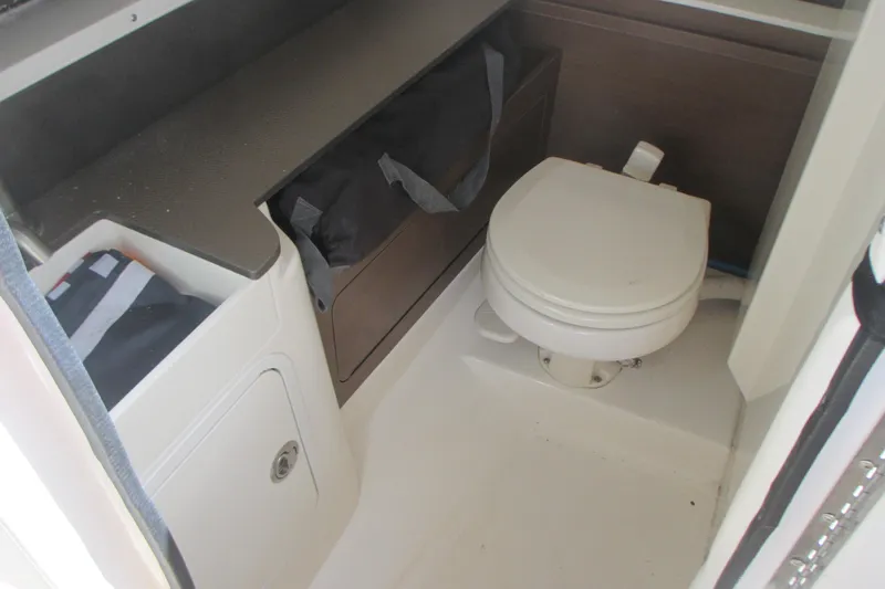 Slide: The Image of 2019 Sea Ray 290 SLX boat interior with compact marine toilet and storage. - 14