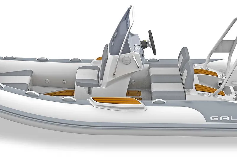 Slide: The Image of 2027 Gala V420 inflatable boat with sleek design, modern seating, and advanced steering console. - 10