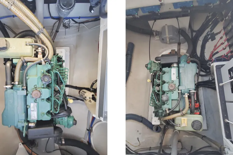 Slide: The Image of Engine room of 2018 Fountaine Pajot Helia 44 Evolution catamaran, showcasing dual engines. - 14