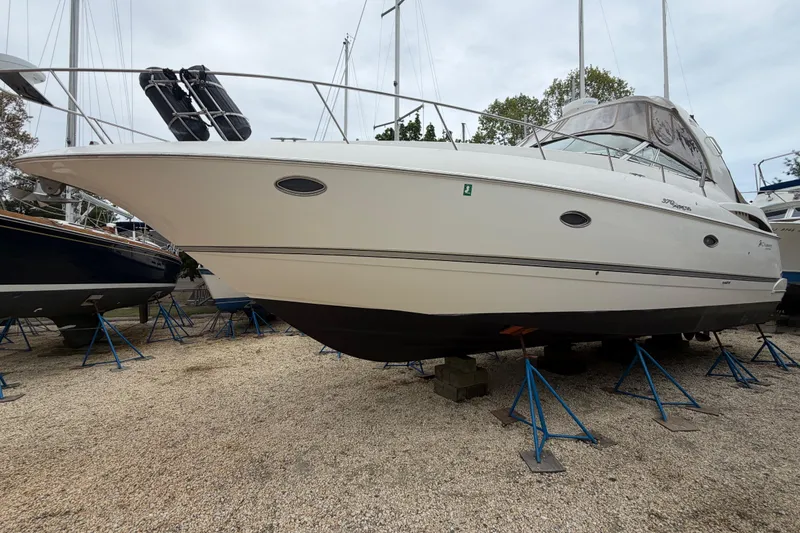 Slide: The Image of 2007 Cruisers Yachts 370 Express on stands, ready for maintenance. - 26