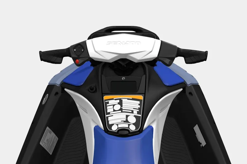 Slide: The Image of 2026 Sea-Doo Spark for 2, blue and white jet ski handlebars and dashboard. - 7