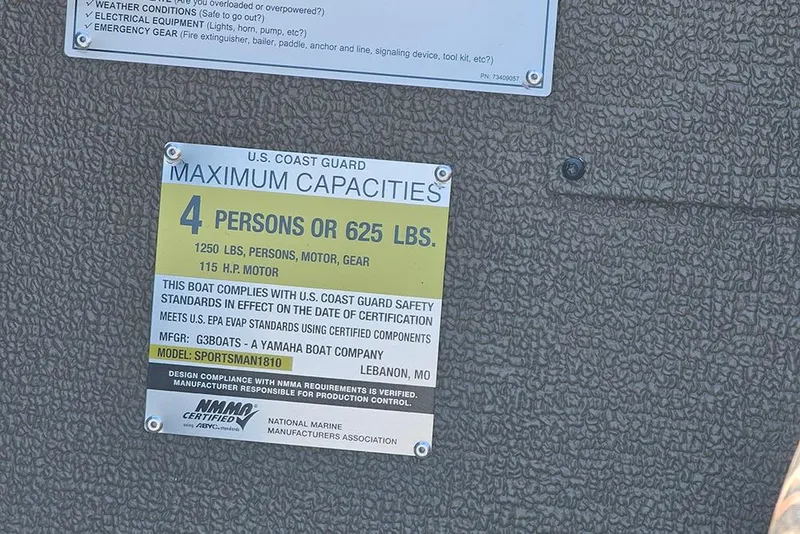 Slide: The Image of U.S. Coast Guard capacity plate for 2026 G3 Sportsman 1810, 4 persons or 625 lbs. - 13