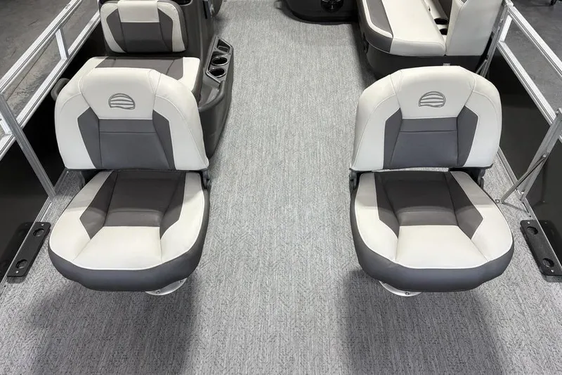 Slide: The Image of 2026 Sun Tracker Bass Buggy 16 XL Select interior with gray and white seating. - 5