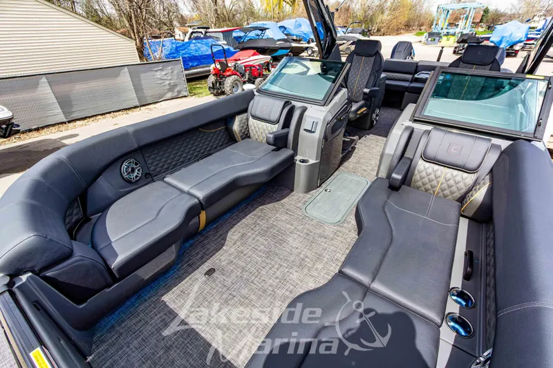 Slide: The Image of Luxurious interior of 2026 Godfrey Sanpan 2700 ULW Twin pontoon boat with plush seating. - 13