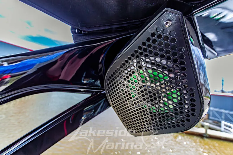 Slide: The Image of Close-up of a 2026 Godfrey Sanpan 2700 ULW Twin speaker with hexagonal grille design. - 40