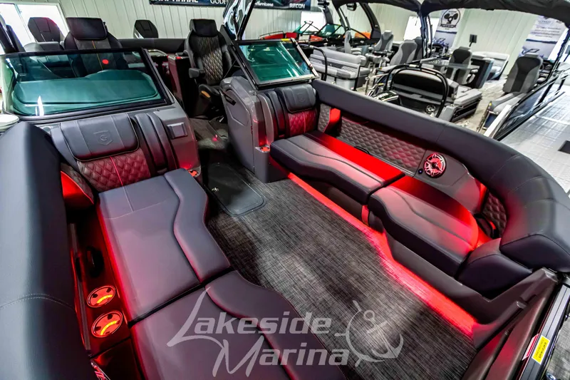 Slide: The Image of Luxurious interior of 2026 Godfrey Sanpan 2700 ULW Twin with ambient red lighting. - 56