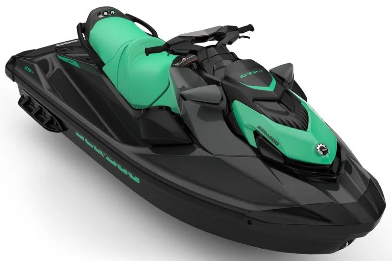 Slide: The Image of 2026 Sea-Doo GTI SE 130 jet ski, black and green design, side view. - 3