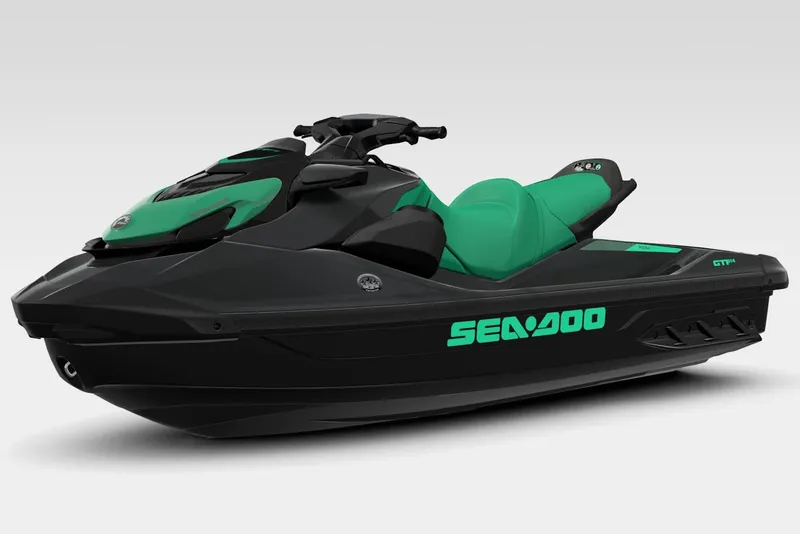 Slide: The Image of 2026 Sea-Doo GTI SE 130 jet ski, black and green design, side view. - 4