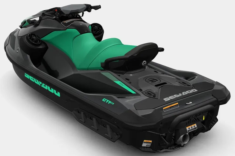 Slide: The Image of 2026 Sea-Doo GTI SE 130 jet ski, sleek black and green design, rear view. - 5