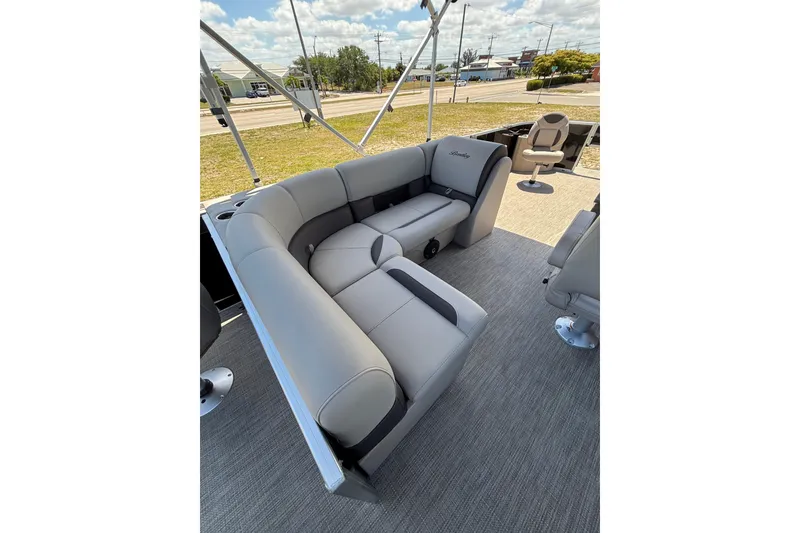 Slide: The Image of Interior of 2026 Bentley Pontoons Fish 243 4-Point with gray seating. - 15