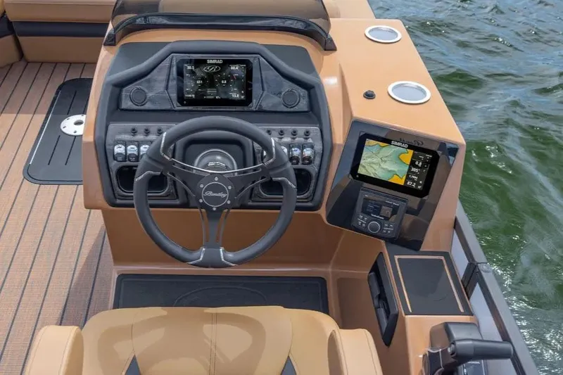 Slide: The Image of Interior of 2026 Bentley Pontoons Elite 253 Swingback with gray seating. - 5