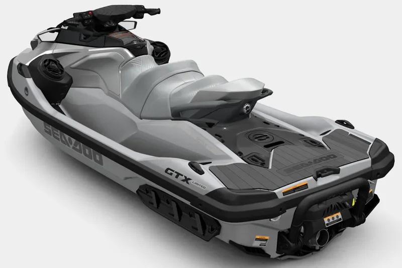 Slide: The Image of 2026 Sea-Doo GTX Limited 325 jet ski in sleek silver design, rear view. - 10