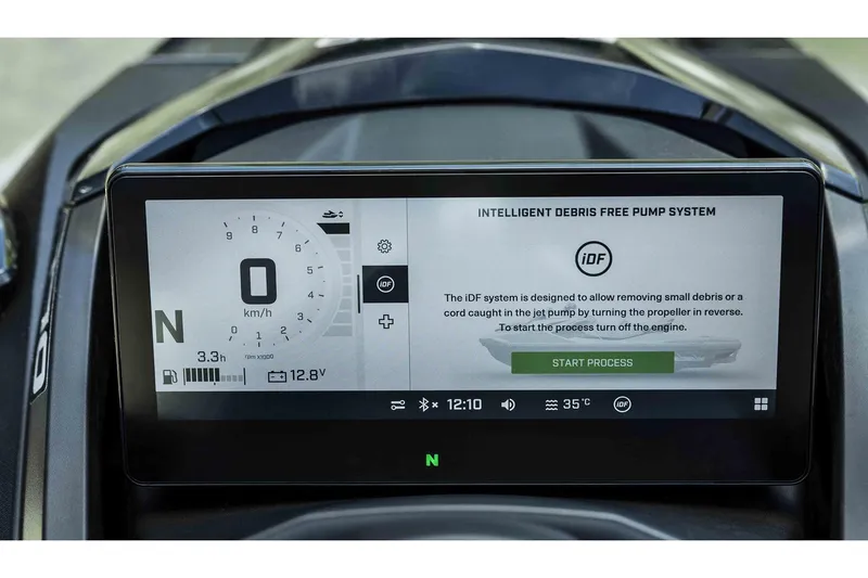 Slide: The Image of Dashboard of 2026 Sea-Doo GTX Limited 325 with Intelligent Debris Free Pump System display. - 12