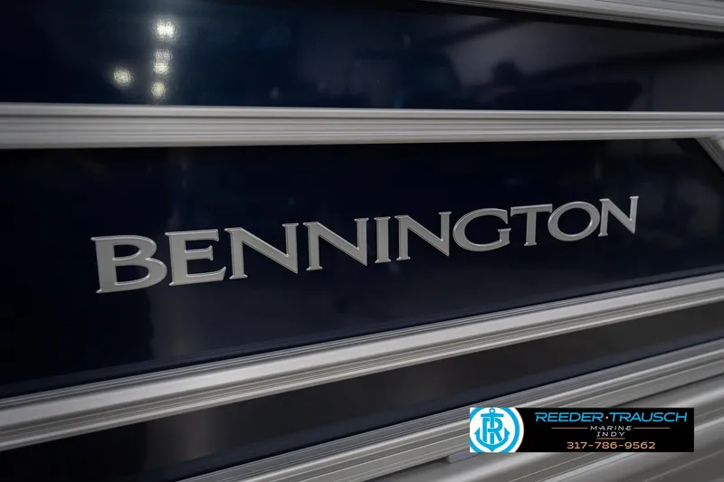 Slide: The Image of 2026 Bennington 21 SLJ boat with logo and Reeder-Trausch Marine contact details. - 45