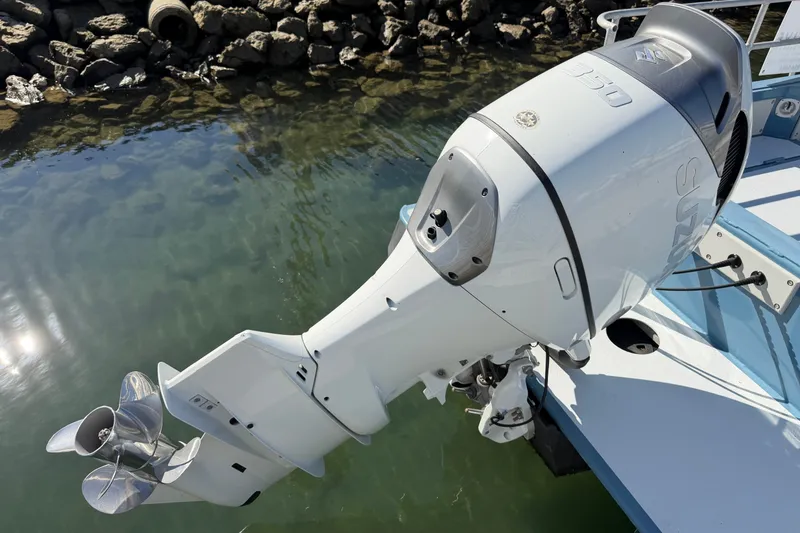 Slide: The Image of Outboard motor on a boat, ACB model 30, year 2003, near rocky shoreline. - 19
