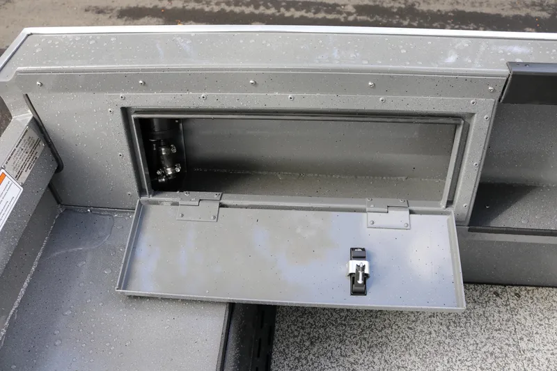 Slide: The Image of 2026 Alumaweld Free Drifter 18 storage compartment with open hatch, showcasing interior details. - 13