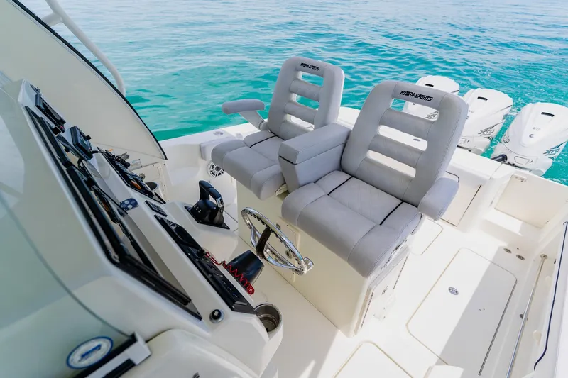 Slide: The Image of 2008 Hydra-Sports Vector 3500 VX boat interior with dual helm seats and controls. - 21