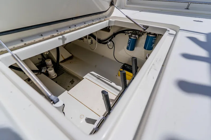 Slide: The Image of Open hatch of 2008 Hydra-Sports Vector 3500 VX boat, showing interior components. - 45