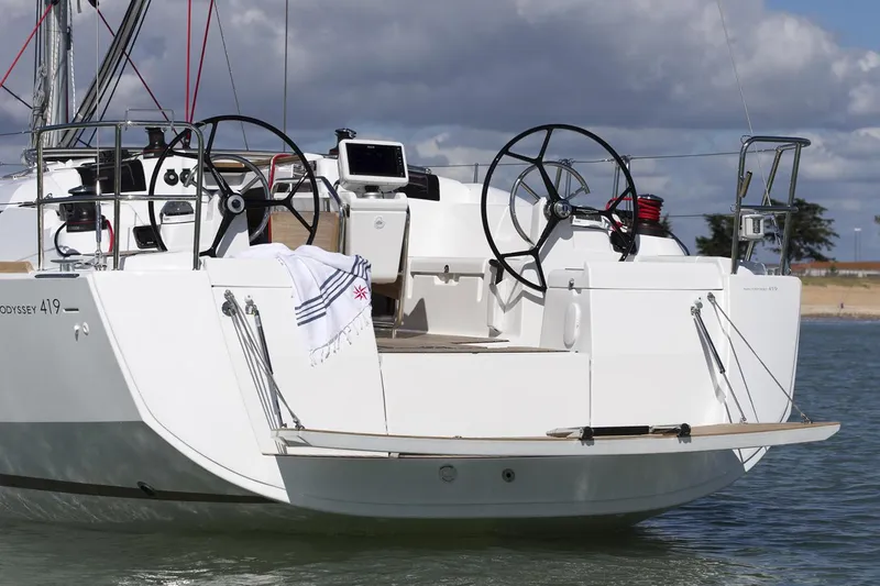 Slide: The Image of Manufacturer Provided Image: 2018 Jeanneau Sun Odyssey 419 sailboat with dual steering wheels on the water. - 27