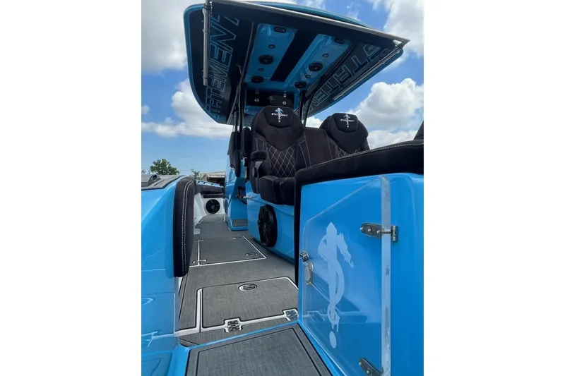 Slide: The Image of Luxury seating and engines on a 2025 Statement 350 Open boat. - 7