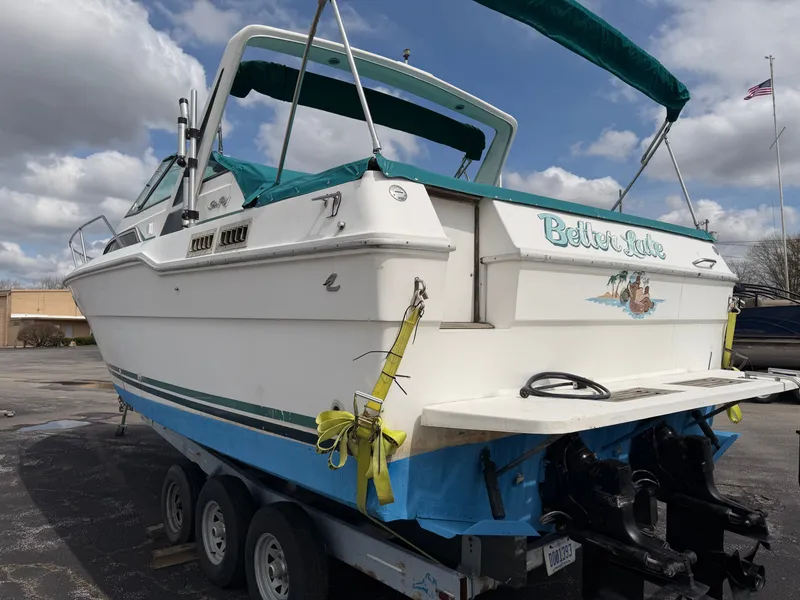 Slide: The Image of 1989 Sea Ray 300 Sundancer on trailer, sky in background. - 3
