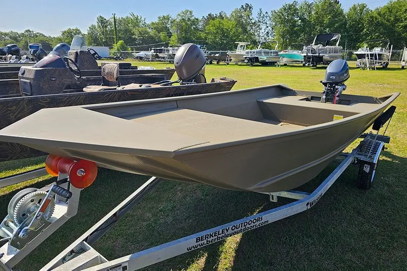 Slide: The Image of 2026 G3 Gator Tough 1548 VBW boat on trailer, displayed outdoors. - 4