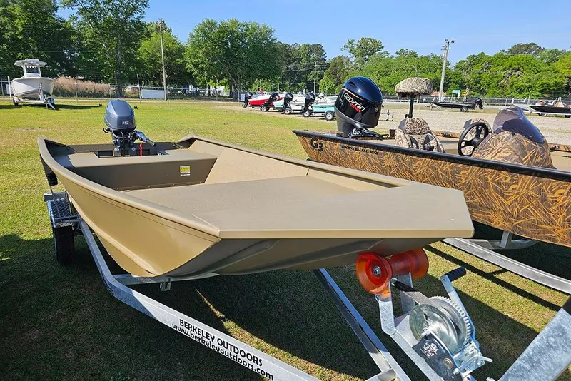 Slide: The Image of 2026 G3 Gator Tough 1548 VBW boat on trailer, outdoor display. - 7