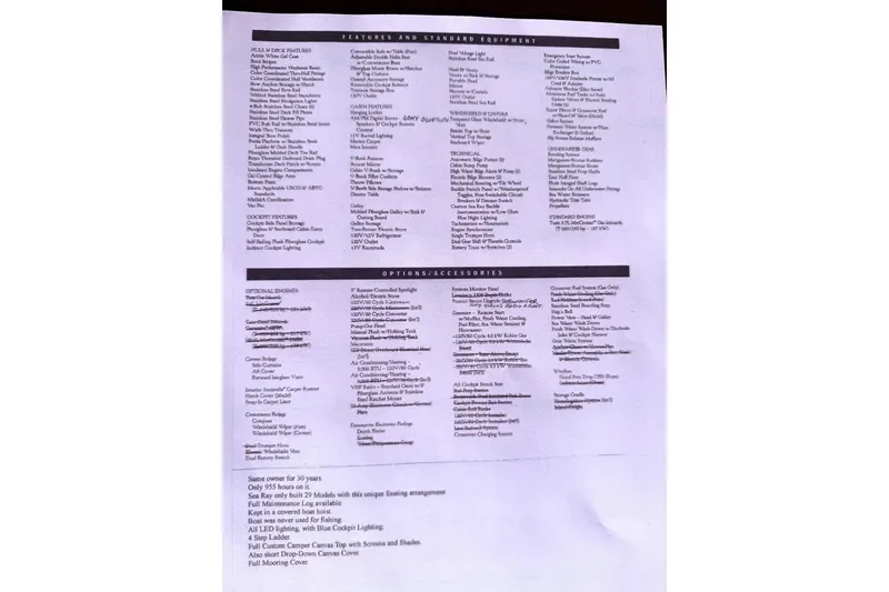 Slide: The Image of 1994 Sea Ray 310 Amberjack features and options list, showcasing equipment and accessories. - 18